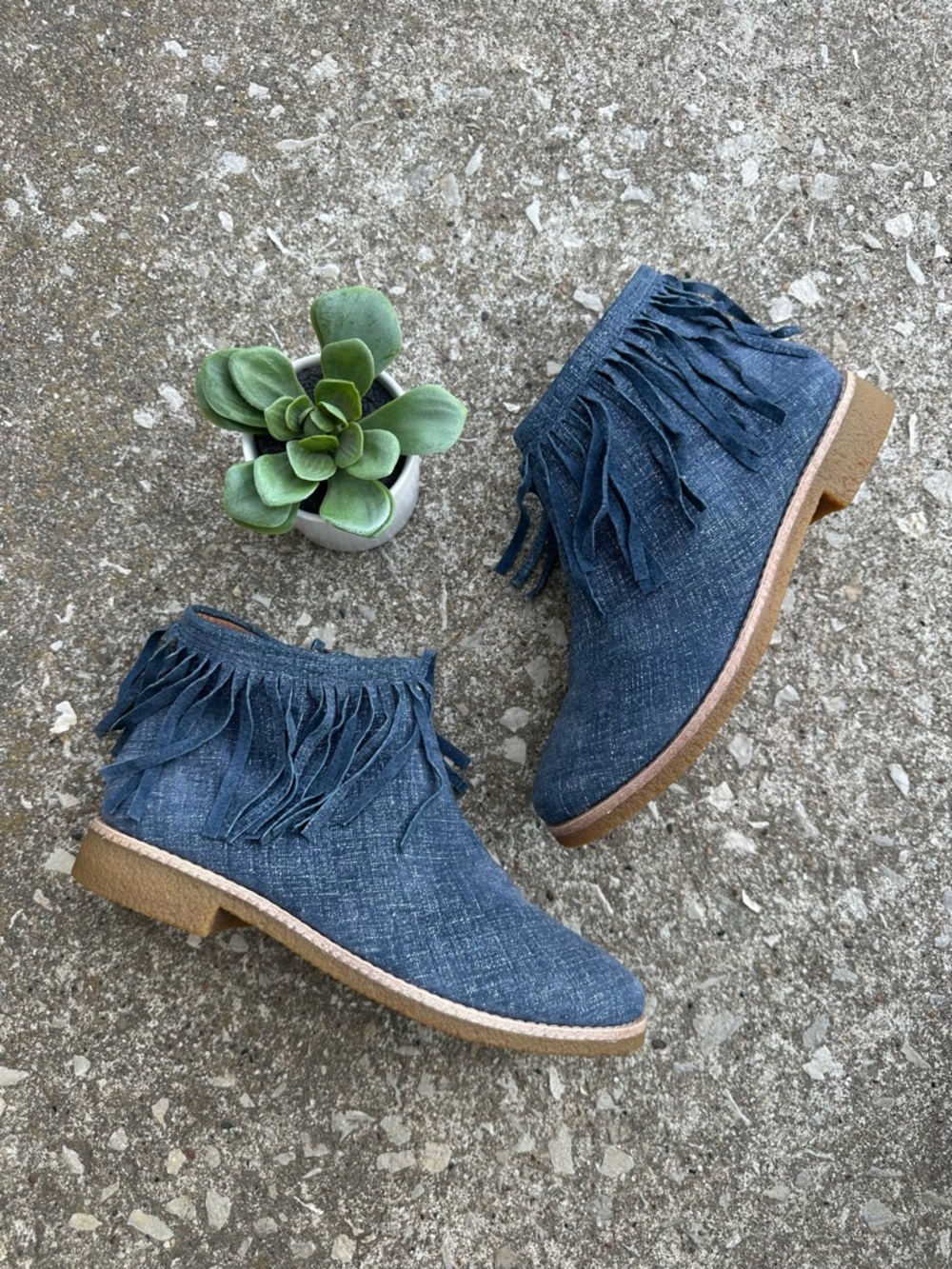 Kate Spade | Betsie Metallic Denim Chambray Fringed Ankle Boots
